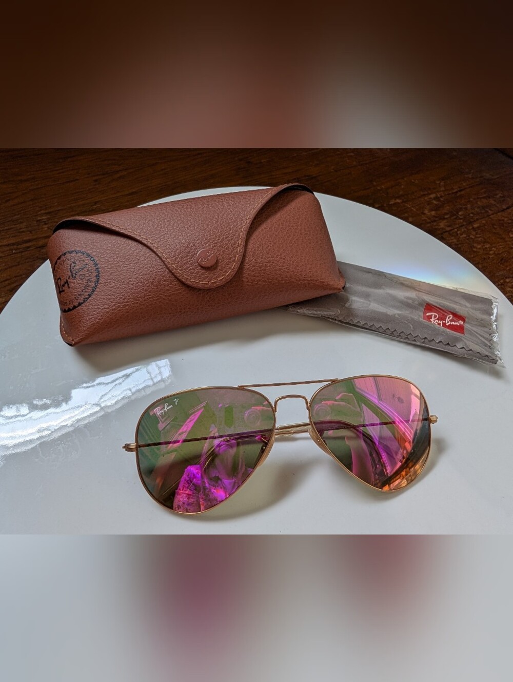 Ray-Ban Pink Mirrored Aviator Sunglasses with Brown Case